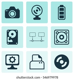 Set Of 9 Computer Hardware Icons. Includes Connected Devices, PC, Hdd And Other Symbols. Beautiful Design Elements.