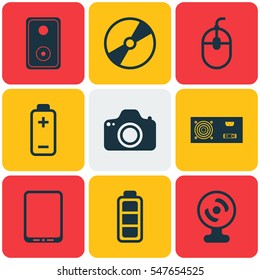 Set Of 9 Computer Hardware Icons. Includes Cd-Rom, Battery, Control Device And Other Symbols. Beautiful Design Elements.