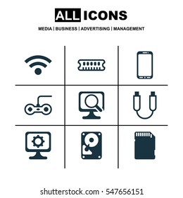 Set Of 9 Computer Hardware Icons. Includes Smartphone, Joystick, PC And Other Symbols. Beautiful Design Elements.