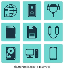 Set Of 9 Computer Hardware Icons. Includes Hdd, Diskette, Smartphone And Other Symbols. Beautiful Design Elements.