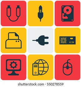 Set Of 9 Computer Hardware Icons. Includes PC, Connector, Internet Network And Other Symbols. Beautiful Design Elements.
