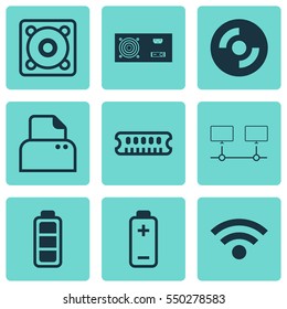 Set Of 9 Computer Hardware Icons. Includes Power Generator, Connected Devices, Music And Other Symbols. Beautiful Design Elements.
