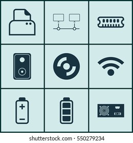 Set Of 9 Computer Hardware Icons. Includes Audio Device, Dynamic Memory, File Scanner And Other Symbols. Beautiful Design Elements.