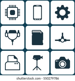 Set Of 9 Computer Hardware Icons. Includes Camera, Settings, Network Structure And Other Symbols. Beautiful Design Elements.