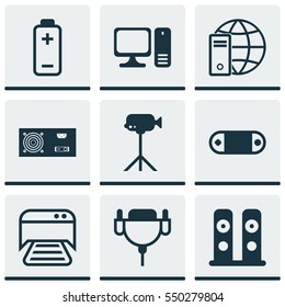 Set Of 9 Computer Hardware Icons. Includes Battery, Internet Network, Vga Cord And Other Symbols. Beautiful Design Elements.