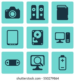 Set Of 9 Computer Hardware Icons. Includes Laptop, Desktop Computer, Hdd And Other Symbols. Beautiful Design Elements.
