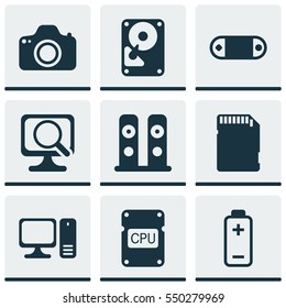 Set Of 9 Computer Hardware Icons. Includes Radio Set, Desktop Computer, Memory Card And Other Symbols. Beautiful Design Elements.