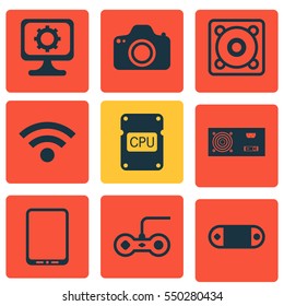 Set Of 9 Computer Hardware Icons. Includes Radio Set, Joystick, Power Generator And Other Symbols. Beautiful Design Elements.