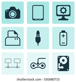 Set Of 9 Computer Hardware Icons. Includes Cellphone, Battery, Hdd And Other Symbols. Beautiful Design Elements.