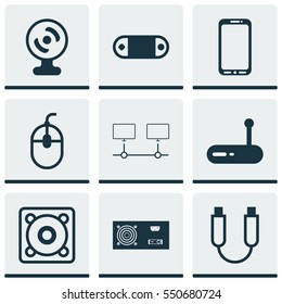 Set Of 9 Computer Hardware Icons. Includes Power Generator, Connected Devices, Music And Other Symbols. Beautiful Design Elements.