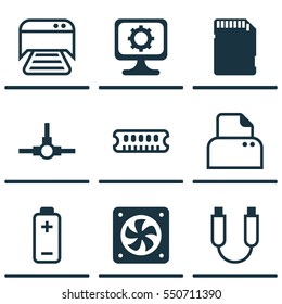 Set Of 9 Computer Hardware Icons. Includes Network Structure, Battery, Printed Document And Other Symbols. Beautiful Design Elements.