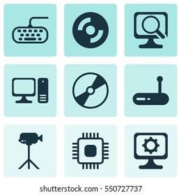 Set Of 9 Computer Hardware Icons. Includes Laptop, Computer Keypad, Camcorder And Other Symbols. Beautiful Design Elements.