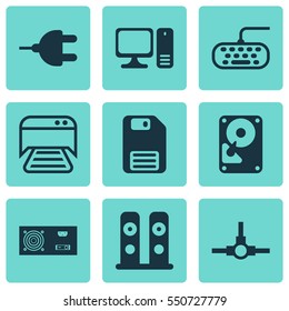 Set Of 9 Computer Hardware Icons. Includes Hdd, Network Structure, Connector And Other Symbols. Beautiful Design Elements.