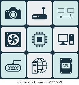 Set Of 9 Computer Hardware Icons. Includes Computer Ventilation, Chip, Connected Devices And Other Symbols. Beautiful Design Elements.