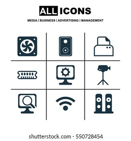 Set Of 9 Computer Hardware Icons. Includes Audio Device, File Scanner, Computer Ventilation And Other Symbols. Beautiful Design Elements.