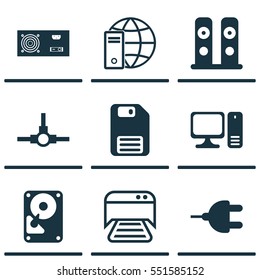 Set Of 9 Computer Hardware Icons. Includes Desktop Computer, Power Generator, Internet Network And Other Symbols. Beautiful Design Elements.