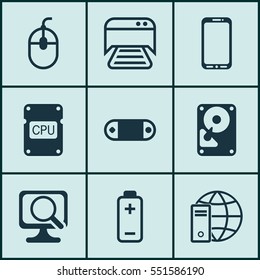 Set Of 9 Computer Hardware Icons. Includes Hdd, Cpu, Printed Document And Other Symbols. Beautiful Design Elements.