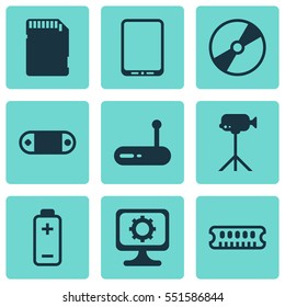 Set Of 9 Computer Hardware Icons. Includes Radio Set, Cellphone, Camcorder And Other Symbols. Beautiful Design Elements.