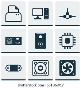Set Of 9 Computer Hardware Icons. Includes Computer Ventilation, Music, Chip And Other Symbols. Beautiful Design Elements.