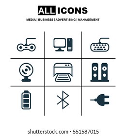 Set Of 9 Computer Hardware Icons. Includes Accumulator Sign, Desktop Computer, Computer Keypad And Other Symbols. Beautiful Design Elements.