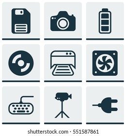 Set Of 9 Computer Hardware Icons. Includes Blank Cd, Diskette, Computer Keypad And Other Symbols. Beautiful Design Elements.