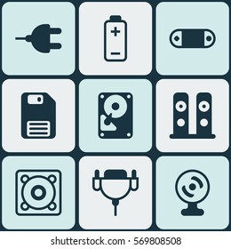 Set Of 9 Computer Hardware Icons. Includes Diskette, Music, Connector And Other Symbols. Beautiful Design Elements.