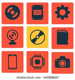 Set Of 9 Computer Hardware Icons. Includes Cd-Rom, Memory Card, Smartphone And Other Symbols. Beautiful Design Elements.