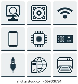 Set Of 9 Computer Hardware Icons. Includes Music, Internet Network, Aux Cord And Other Symbols. Beautiful Design Elements.