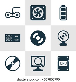 Set Of 9 Computer Hardware Icons. Includes Blank Cd, Computer Ventilation, Accumulator Sign And Other Symbols. Beautiful Design Elements.