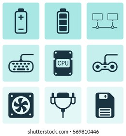 Set Of 9 Computer Hardware Icons. Includes Battery, Cpu, Joystick And Other Symbols. Beautiful Design Elements.