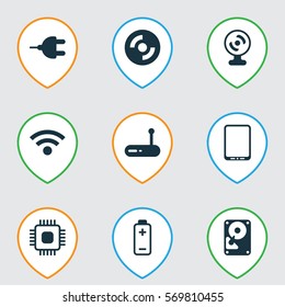 Set Of 9 Computer Hardware Icons. Includes Chip, Cellphone, Web Camera And Other Symbols. Beautiful Design Elements.