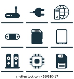 Set Of 9 Computer Hardware Icons. Includes Cellphone, Internet Network, Router And Other Symbols. Beautiful Design Elements.