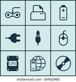 Set Of 9 Computer Hardware Icons. Includes Battery, File Scanner, Control Device And Other Symbols. Beautiful Design Elements.