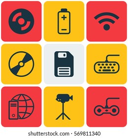 Set Of 9 Computer Hardware Icons. Includes Internet Network, Diskette, Joystick And Other Symbols. Beautiful Design Elements.