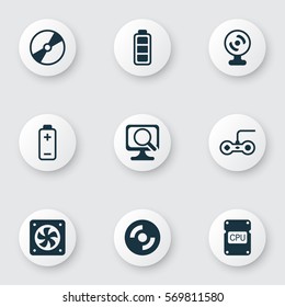 Set Of 9 Computer Hardware Icons. Includes Cd-Rom, Accumulator Sign, Web Camera And Other Symbols. Beautiful Design Elements.