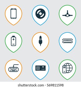 Set Of 9 Computer Hardware Icons. Includes Network Structure, Dynamic Memory, Internet Network And Other Symbols. Beautiful Design Elements.