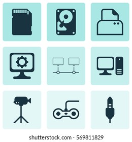 Set Of 9 Computer Hardware Icons. Includes PC, Aux Cord, Hdd And Other Symbols. Beautiful Design Elements.