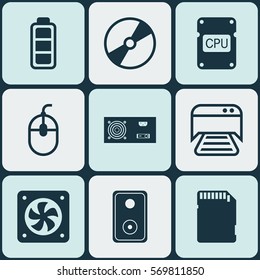 Set Of 9 Computer Hardware Icons. Includes Memory Card, Cd-Rom, Control Device And Other Symbols. Beautiful Design Elements.