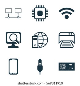 Set Of 9 Computer Hardware Icons. Includes Chip, Aux Cord, Printed Document And Other Symbols. Beautiful Design Elements.
