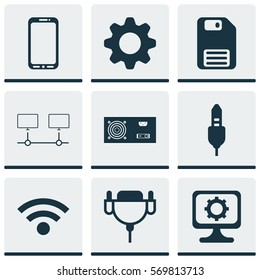 Set Of 9 Computer Hardware Icons. Includes Power Generator, Aux Cord, Diskette And Other Symbols. Beautiful Design Elements.
