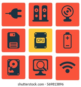 Set Of 9 Computer Hardware Icons. Includes Hdd, Battery, Web Camera And Other Symbols. Beautiful Design Elements.
