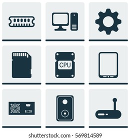 Set Of 9 Computer Hardware Icons. Includes Memory Card, Audio Device, Cpu And Other Symbols. Beautiful Design Elements.