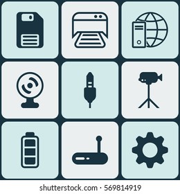 Set Of 9 Computer Hardware Icons. Includes Settings, Camcorder, Aux Cord And Other Symbols. Beautiful Design Elements.