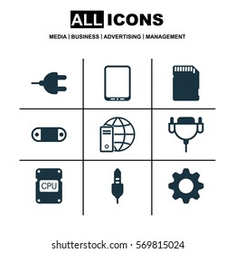 Set Of 9 Computer Hardware Icons. Includes Aux Cord, Cpu, Settings And Other Symbols. Beautiful Design Elements.