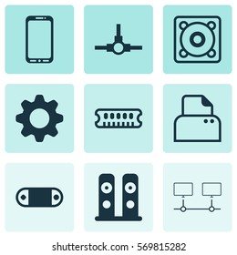 Set Of 9 Computer Hardware Icons. Includes Smartphone, Radio Set, File Scanner And Other Symbols. Beautiful Design Elements.