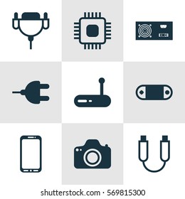 Set Of 9 Computer Hardware Icons. Includes Connector, Chip, Smartphone And Other Symbols. Beautiful Design Elements.