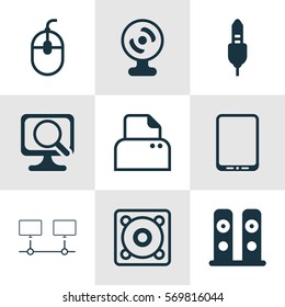 Set Of 9 Computer Hardware Icons. Includes Laptop, Web Camera, Loudspeakers And Other Symbols. Beautiful Design Elements.