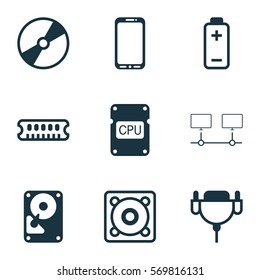 Set Of 9 Computer Hardware Icons. Includes Hdd, Connected Devices, Battery And Other Symbols. Beautiful Design Elements.