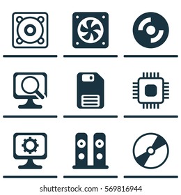 Set Of 9 Computer Hardware Icons. Includes Diskette, Music, Loudspeakers And Other Symbols. Beautiful Design Elements.