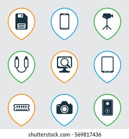 Set Of 9 Computer Hardware Icons. Includes Diskette, Cellphone, Audio Device And Other Symbols. Beautiful Design Elements.